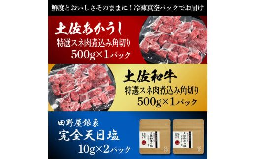 土佐あかうし＆土佐和牛2種食べ比べ 特選スネ肉煮込み角切り500g 計2P 田野屋銀象完全天日塩2P付 牛肉 肉 お肉 和牛 国産 牛 赤身 ヒレ カルビ ロース ブロック【株式会社LATERAL】 [BQAU075]