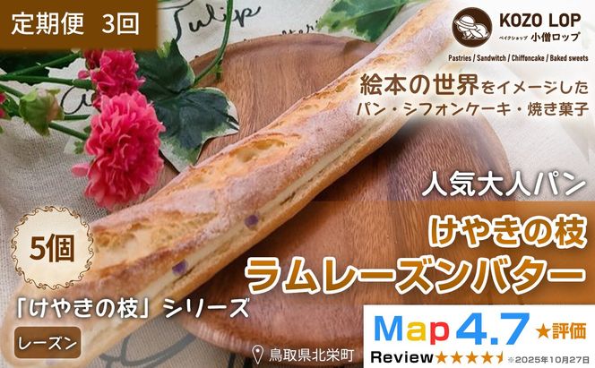 1152【定期便3ヶ月】鳥取県産 人気大人パン けやきの枝 ラムレーズンバター 5個×3回 313726_BD033