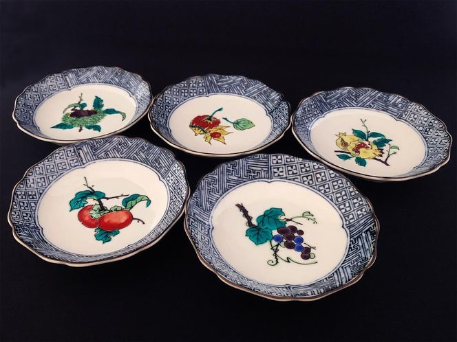 九谷焼　4.2号皿揃　果実絵変り（5枚セット）a01 工芸品 
