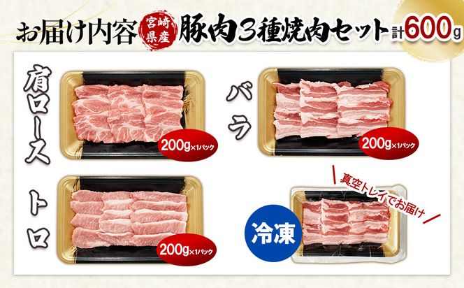 【希少部位・豚トロ入り！】宮崎県産 豚焼肉バラエティセット 600g 真空パック 200gずつの便利な超小分け
