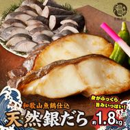 G7336_和歌山魚鶴仕込みのだし漬け天然銀だら切身20切（真空パック入） 約1.8kg 小分け 独自製法 良質な脂 ふっくら 柔らかい 身質 甘み 旨味 白身魚のトロ 梅酒 北海道南産 真こんぶ だし漬け 煮付け ムニエル 味噌漬け 鍋物 冷凍 湯浅町 送料無料