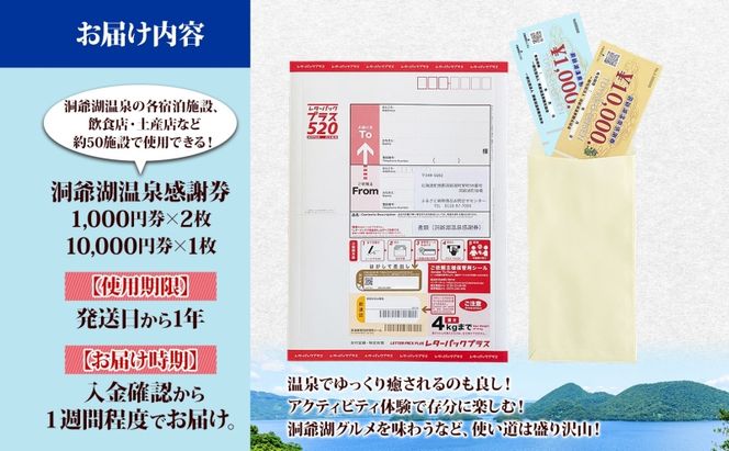 洞爺湖温泉感謝券 12000円 分 金券 クーポン 洞爺湖 湖 温泉 リゾート 有珠山 火山 自然 花火 イルミネーション 旅行 観光 宿泊 施設 北海道 