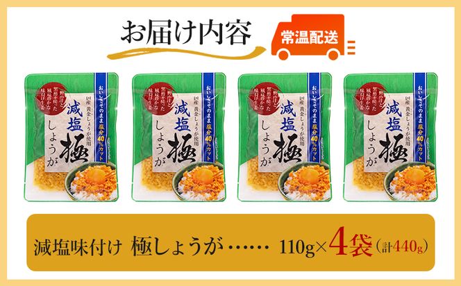 しょうが 減塩 味付け 極しょうが 110g×4袋 計440g 【7日程度で発送】 生姜 ジンジャー ご飯のお供 おかず トッピング アレンジ 料理 手軽 便利 刻み生姜 国産 特産品 しょうが ショウガ 高知県産 坂田信夫商店 高知県 香南市 常温 Xnb-0015