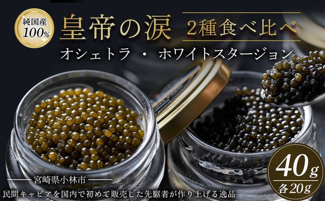 【純国産キャビア】皇帝の涙2種食べ比べ 計40g（オシェトラ・ホワイトスタージョン）国産 チョウザメ キャビア 食べ比べ