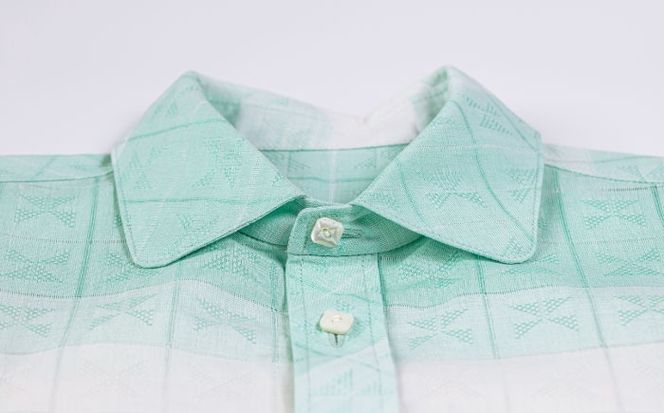 サマーシャツ（ミントグリーングラデーション / メンズ）琉球織物 両面浮花織 ファッション フォーマル カジュアル 冠婚葬祭 / 沖縄市 FABRIC SHOP MINAMI[BCCS007]
