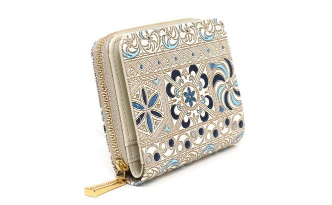 【文庫屋大関】二つ折りファスナーミニ財布 錦紗＜青＞【皮革工芸品】財布 二つ折り 小物 お札 カード 小銭 コンパクト 牛革 手作り 日本製 墨田区 東京都