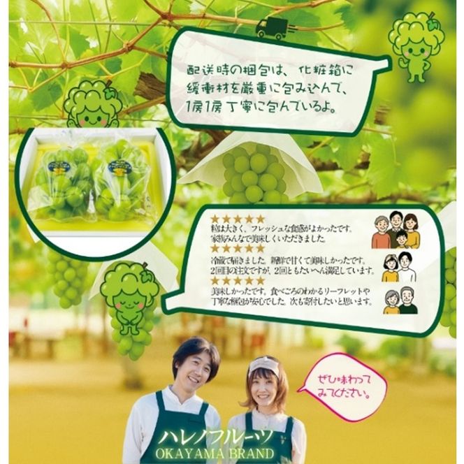 先行予約 晴王 木熟ぶどう ハレノシャイン シャインマスカット晴王 2房 約1.2kg 9月～11月発送 種無し 皮ごと食べる みずみずしい 甘い フレッシュ 糖度保証 厳選品質 冷蔵 瀬戸内 果物大国 ハレノフルーツ