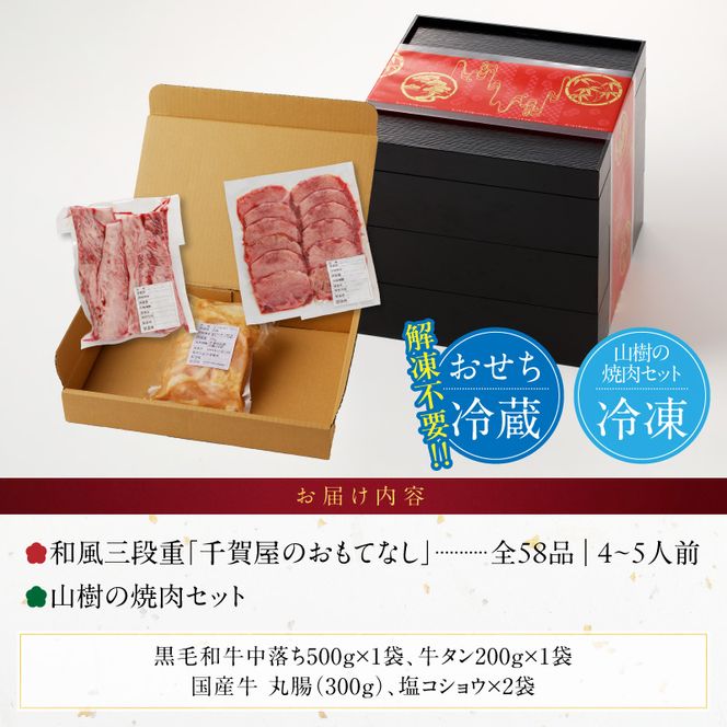 山樹 本格焼肉セット と 迎春おせち料理 和風三段重「千賀屋のおもてなし」セット ［035S10-C］ 4人前 5人前 迎春セット 冷蔵おせち 牛タン ホルモン 黒毛和牛 カルビ 年末 年始 お取り寄せ 愛知県 小牧市 送料無料