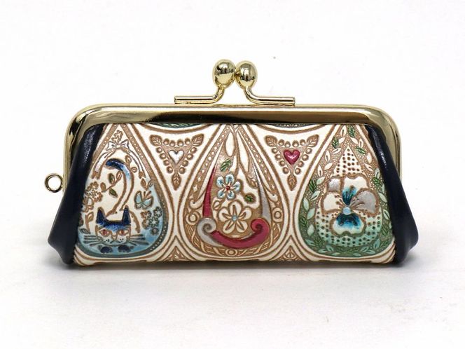 【文庫屋大関】印鑑ケース　花と猫＜インディゴ＞【皮革工芸品】 ファッション小物 民芸品 