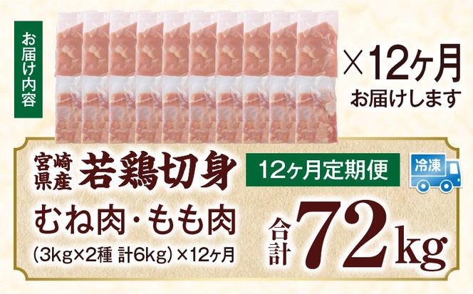 宮崎県産 若鶏切身 むね肉&もも肉 6kg（各300g×10袋）【12か月定期便】