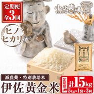 isa601 《数量限定・3回定期便》令和7年産 小北農場のお米 伊佐黄金米〈ヒノヒカリ〉(計15kg・5kg×1袋×3回) 鹿児島 伊佐 お米 特別栽培米 伊佐米 白米 ヒノヒカリ ひのひかり おにぎり ごはん 【小北農場】
