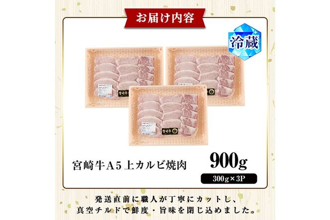 新鮮チルド便 宮崎牛 A5 上カルビ(計900g・300g×3P) 焼肉 カルビ 焼肉 和牛 BBQ アウトドア キャンプ 小分け パック 真空パック ブランド牛 ランク パーティー ご褒美 おかず【OT-03】【KNOT合同会社】
