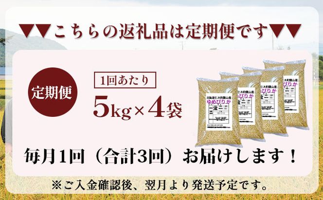 3ヵ月 定期便 銀山米研究会の玄米＜ゆめぴりか＞20kg（5kg×4袋）【機内食に採用】 ライス ブランド米 おにぎり お弁当 北海道産 産地直送 主食 ご飯 朝ごはん 夜ごはん 昼ごはん [株式会社 松原米穀]