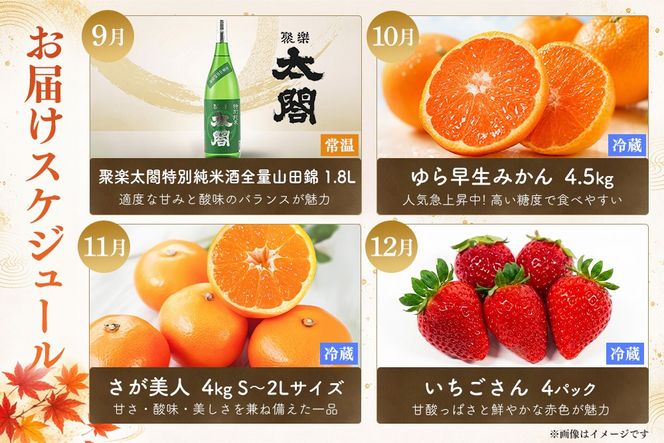 佐賀の旬を月替わりでお届け 味のリレー12ヶ月定期便【いちご 冷凍いちご みかん ハウスみかん 甘夏 にじゅうまる 佐賀美人 日本酒 基峰鶴 聚楽太閤 The SAGA認定酒】(H116265)