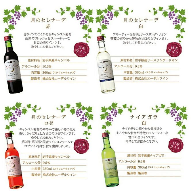 エーデルワイン ハーフサイズ甘口飲み比べ　360ml×４本セット 【1544】