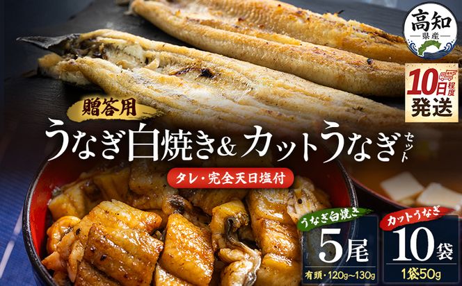 【10日程度で発送】贈答用 高知県産鰻の白焼き120～130ｇ5尾 カット鰻50ｇ×10袋 蒲焼きのタレ10袋 天日塩20ｇ yw-0132