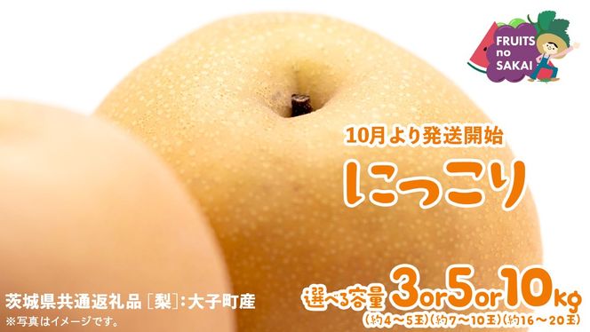 ＼ 選べる内容量 ／ にっこり 梨 3kg（4〜5玉）/ 5kg （7～10玉）/ 10kg （16～20玉）【2026年10月より発送開始】（茨城県共通返礼品 [梨]：大子町産） なし 旬 お取り寄せ フルーツ 甘い ジューシー 和梨 時期