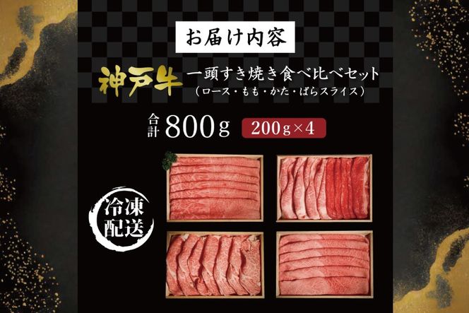 一頭すき焼き食べ比べ（800g）  [肉 牛肉 神戸牛 最高級肉 神戸ビーフ 神戸肉 但馬牛 ロース もも かた ばら スライス 食べ比べ すき焼き お取り寄せ 加東市 兵庫県]