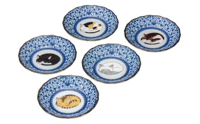 九谷焼　4号皿揃　眠り猫（5枚セット） a01 食器 キッチン雑貨 キッチンアイテム 雑貨 小物 お皿 丸皿 食卓 テーブルコーディネート 取り皿 