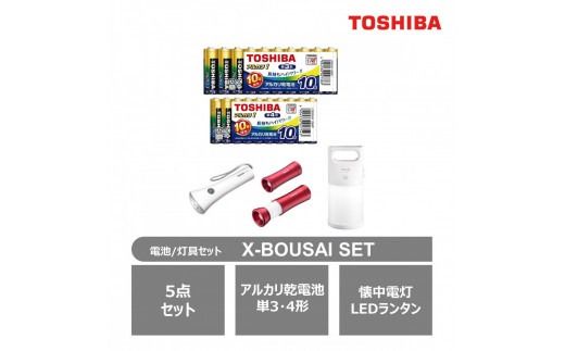 東芝 防災グッズ 5点セット アルカリ乾電池 単3・4形 懐中電灯 LEDランタン LEDランタン付きライト X-BOUSAI SET 長持ち 明るさ切替 使用推奨期限 10年 アウトドア キャンプ 防災グッズ 防災用品 災害 備蓄 乾電池 電池 ロングセラー 家電