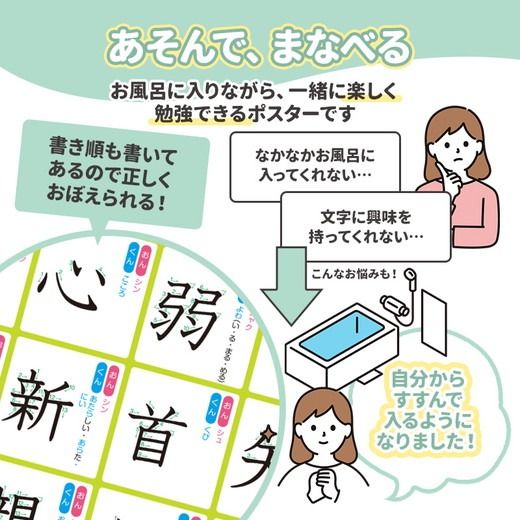 【小学2年生の漢字表ポスター】マグネットシート製 お風呂ポスター 40cm×57cm