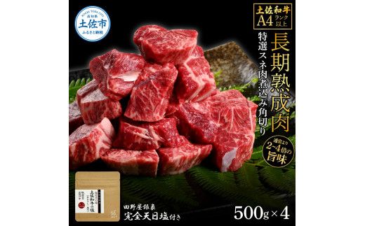 土佐和牛 特選スネ肉煮込み角切り500g×4 田野屋銀象完全天日塩4P付き 2kg 2キロ 長期熟成肉 田野屋銀象 完全天日塩付き スネ肉 煮込み 角切り 肉 お肉【株式会社LATERAL】 [BQAU047]