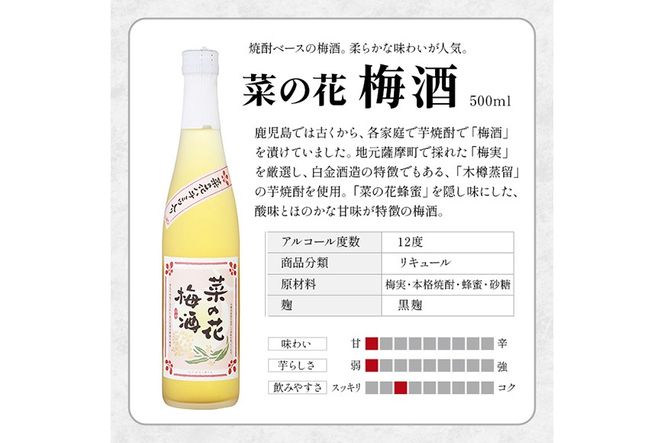a475 《数量限定！ミニ焼酎ランダム2本付き》本格焼酎飲み比べ！白金酒造の定番芋焼酎白金乃露・白金乃露黒(各900ml)と白金酒造のいも焼酎で作った菜の花梅酒(500ml)【白金酒造】