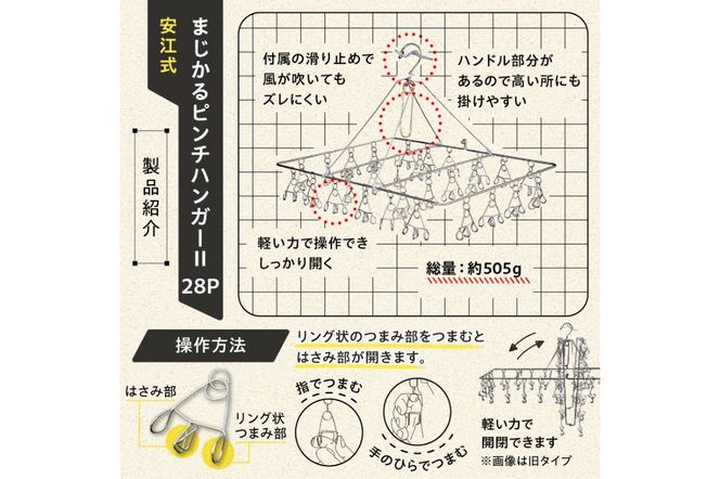 「安江式 まじかる ピンチハンガーⅡ 28Ｐ（Ｍサイズ）」１台と「安江式 強力 ハンギング ピンチ」10個と「ハンガーとまる」10個のセット 【0007-006】