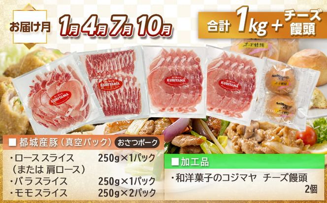 全部真空パック！隔月5回お届け！「おさつポーク」と加工品定期便_TAA5-1403_(都城市) 豚肉 小分け 真空 かさばらない ブランドポーク 加工品 セット バラエティ豊かにお届け 栗山ノーサン おさつポーク チーズ饅頭 小分け 真空パック