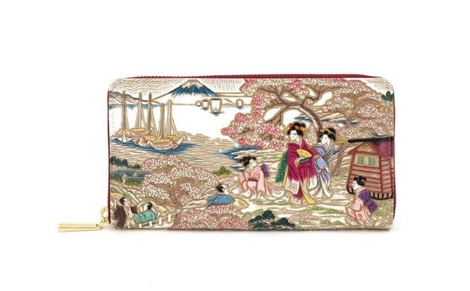 【文庫屋大関】大容量　ぐるっとファスナーの長財布　浮世絵　御殿山【皮革工芸品】 ファッション 小物 仕切り カードポケット ロングポケット 