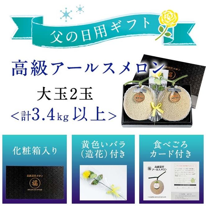【0281115a-F】＜父の日ギフト・期間限定＞高級アールスメロン(大玉2玉・計3.4kg以上、黄色バラ付(造花)付) メロン フルーツ 果物 果実 3キロ 数量限定 期間限定 贈答 贈り物 父の日【マル福園芸組合】