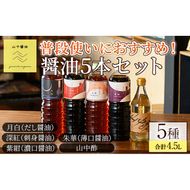 【0124910a】家庭の味を守る普段使いにおすすめの醤油(5種・計4.5L) しょうゆ しょう油 調味料 常温保存 保存 出汁 だし 刺身醤油 薄口醤油 濃口醤油 酢 【山中醤油】