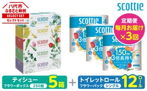 【定期便3回】【毎月お届け】【スコッティ】 組み合わせ ティシュー フラワーボックス 250組 5箱 計15箱 トイレットロール シングル フラワーパック 3倍長持ち 12ロール 計36ロール ティッシュ トイレットペーパー 日用品 防災備蓄 ストック 備蓄 新生活 防災 消耗品 生活用品 日用消耗品 箱ティッシュ