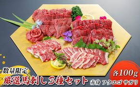 馬刺し 赤身 フタエゴ サガリ 3種 計300g 各100g 馬肉 馬刺し食べ比べ 人気部位3種 旨味 馬ひも コリコリ食感 馬刺し3種 つまみ お酒のあて お酒のお供 一品料理 