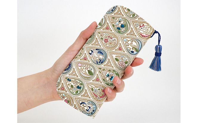 【文庫屋大関】メガネケース　花と猫＜インディゴ＞【皮革工芸品】 ファッション小物 民芸品 