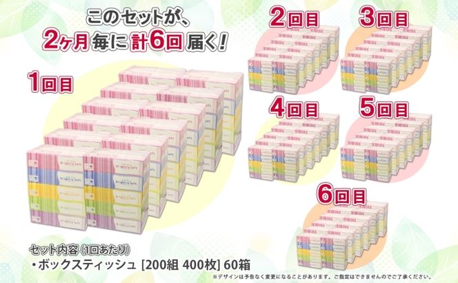 定期便 2ヵ月毎 全6回 ブライティア ソフト ボックスティッシュ 200組 400枚 60箱 日本製 まとめ買い リサイクル 長持 防災 常備品 日用雑貨 消耗品 生活必需品 備蓄 ペーパー 紙 北海道 倶知安町 日用品 