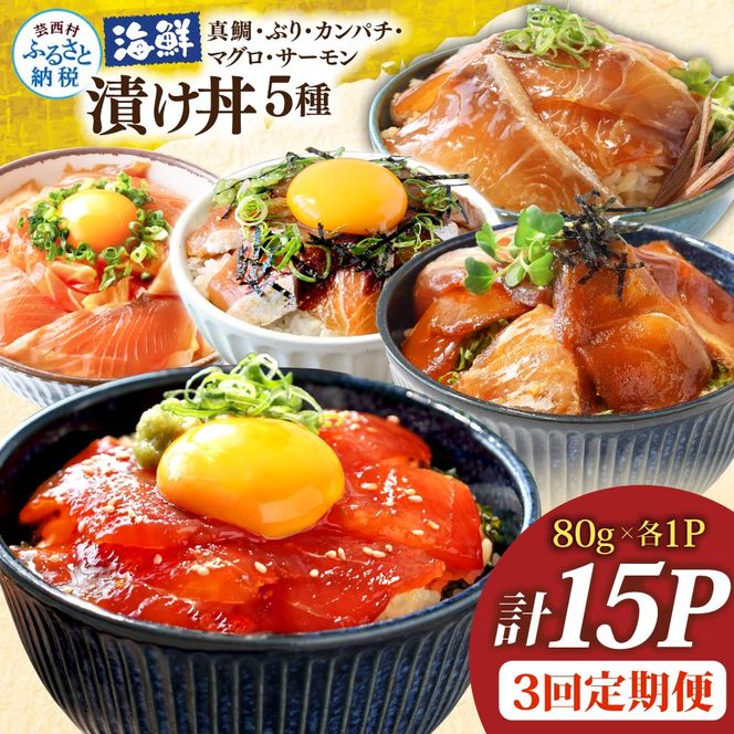 漬け丼5種セット 真鯛・ブリ・カンパチ・マグロ・サーモン 1食80g×計15P 3回定期便 タイ 鰤 鮪 海鮮丼 刺身 海鮮 魚介 魚 お茶漬け 炊き込みご飯 惣菜 おかず 冷凍 配送
