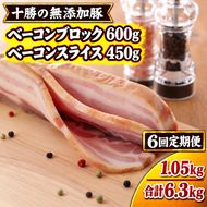 6ヵ月定期便 十勝の無添加豚 ベーコンブロック 600g・ベーコンスライス 450g ［うらがみミート］ 無塩せき 保存料・結着剤不使用【 ベーコン 詰め合わせ 肉 豚 国産 惣菜 おつまみ 料理 加工品 北海道 十勝 幕別 】