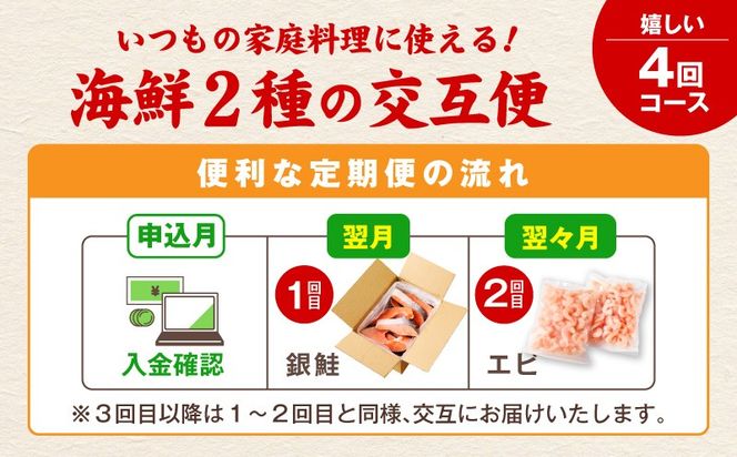 kgpZ020 【定期便】銀鮭 切り身 2kg×2回／むきえび 1.7kg×2回 全4回【訳あり 普段使い 小分け 海鮮 魚介 お弁当 おかず】
