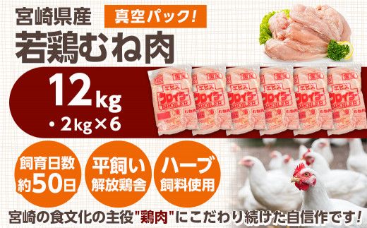 宮崎県産若鶏 むね肉(12kg)_AC-G301_(都城市) 若鶏 鶏肉 真空 むね肉 真空 宮崎県産 平飼い ハーブ やわらかく ふっくら ジューシー 冷凍 便利 保水性 やわらか ふっくら ジューシー
