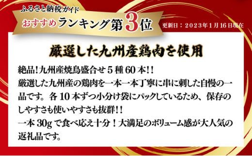 絶品！九州産焼鳥 5種盛合せ 60本（タレ付き）C-627