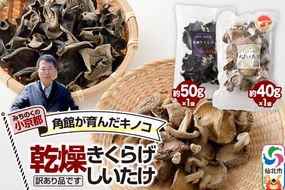 訳あり出汁取り用乾燥しいたけ 約40g×1袋、訳あり乾燥きくらげ 約50g×1袋（計2袋）お得セット [しいたけ 椎茸 シイタケ エノキ きくらげ 木耳 キクラゲ 出汁取り 乾燥 乾物 訳あり 秋田県 仙北市 角館]|02_sne-040201