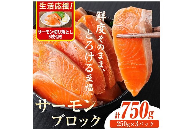 生活応援 サーモン切り落とし5枚付き！生食用 サーモン ブロック(計750g・250g×3P) 鮭 小分け 真空 パック 冷凍 刺身 シャケ サケ 魚 魚介 【AW-99】【丸正水産】