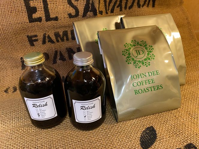 【出荷日焙煎確約】オリジナルコーヒーシロップ2種（各300g）と店主が飲んで欲しい旬のコーヒー3銘柄（各150g）　合計450g　中挽き（ペーパー用など）でお届け！ コーヒー豆 希釈用ドリンク 