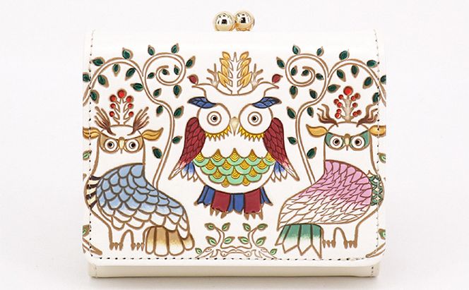 【文庫屋大関】三つ折りミニ財布　ふくろう【皮革工芸品】 ファッション 小物 民芸品 お札 カード 小銭 手のひらサイズ コンパクト 福来朗 福老 商売繁盛 牛革 手作り 国産 