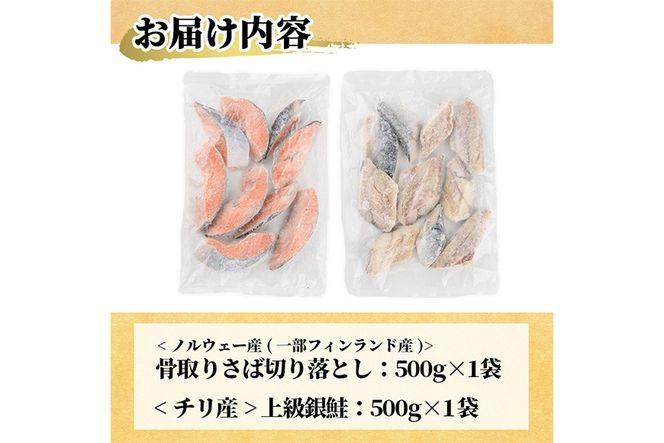 ＜訳あり＞ 甘塩 銀鮭と骨取りサバの切り落としセット(合計1kg・500g×各1袋) 小分け 切り身 鯖 さば 骨なし 骨取り済 さけ 鮭 しゃけ  鮭切身 カット済 簡単 魚 海鮮  お弁当 おかず 【KI-25】【イチマル食品加工】