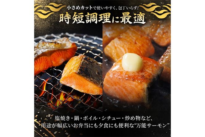 骨取り サーモン カット(計1kg・500g×2袋) 皮付き 鮭 ダイスカット 小分け 骨とり 骨なし 骨取り済 カット済 簡単 魚 冷凍 お弁当 おかず 【AW-74】【丸正水産】