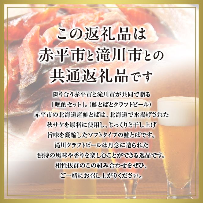 ◆赤平市・滝川市共通返礼品◆晩酌セット 鮭とばと地ビール ソフトタイプ鮭とば「北海道産 鮭燻ソフト」500g 大雪地ビール 滝川クラフトビール 3種 飲み比べ 各2本 計6本