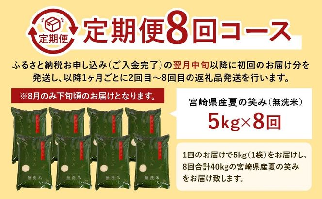 ＜【8ヶ月定期便】令和6年産 宮崎県産 夏の笑み（無洗米）5kg＞お申込みの翌月中旬以降に第1回目発送（8月は下旬頃）【c1244_ku】 米 夏の笑み 無洗米 精米 希少 品種 白米 お米 ご飯 宮崎県産