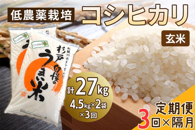 新米 [定期便／隔月3ヶ月] 低農薬栽培のコシヒカリ《玄米》計27kg (4.5kg×2袋×3ヶ月)｜おいしい お米 コメ こめ ご飯 ごはん 白米 玄米 お取り寄せ 直送 贈り物 贈答品 ふるさと納税 埼玉 杉戸 [0548]